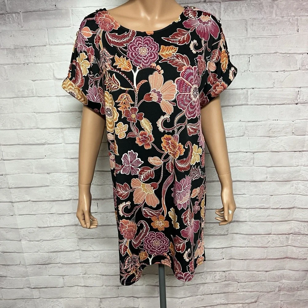 Cocomo‎ Floral Dress Womens Medium Pink Black Short Sleeve Shift Travel Tropical